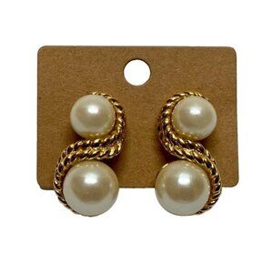 Fifth Avenue Earrings Hypo-Allergenic Faux Pearls Gold Tone Dangle Stud Post NOS